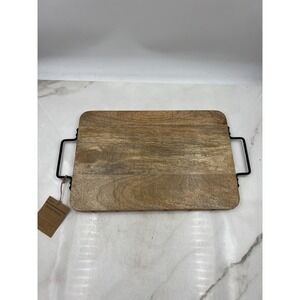 At Home Mango Wood Serving Tray Board 20x12 Handcrafted Metal Handles Rustic